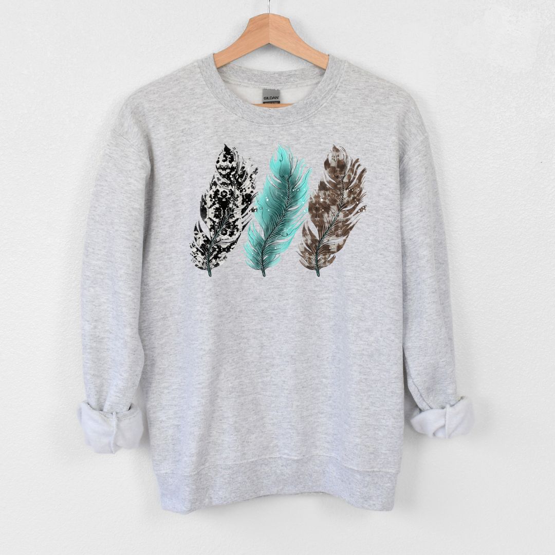 Cow Print teal 3 feathers Crewneck sweater