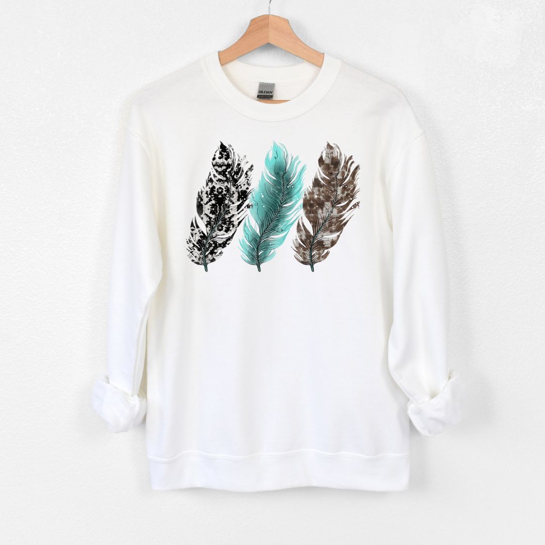 Cow Print teal 3 feathers Crewneck sweater